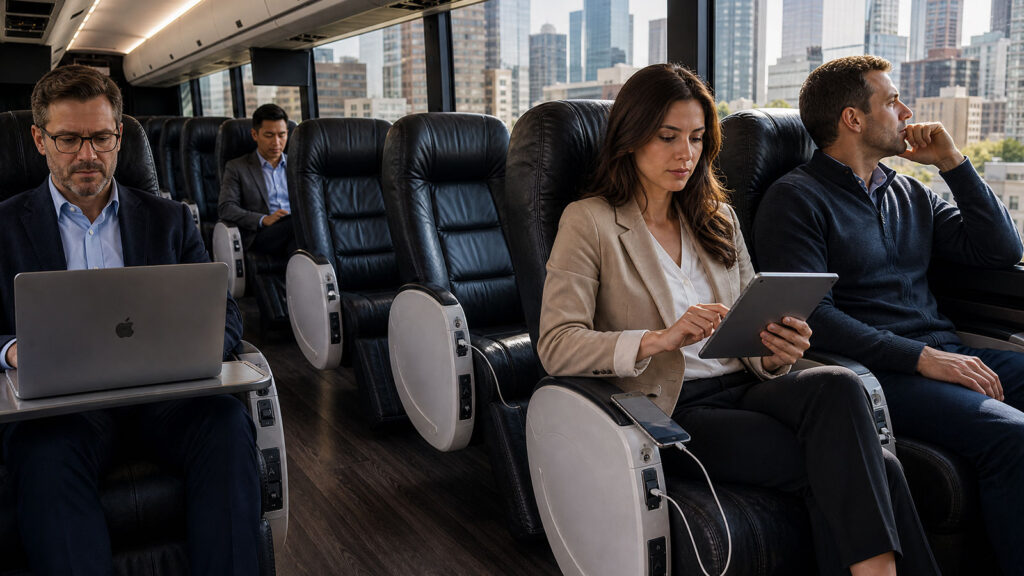 Corporate group traveling inside a luxury motorcoach
