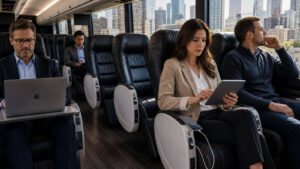 Corporate group traveling inside a luxury motorcoach