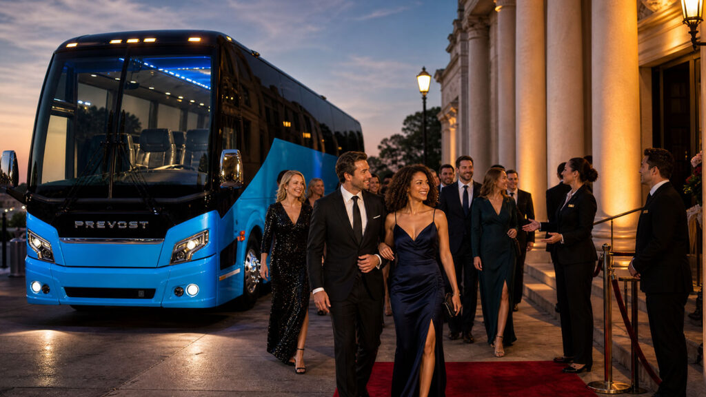Guests arriving by luxury coach for a concert or special event