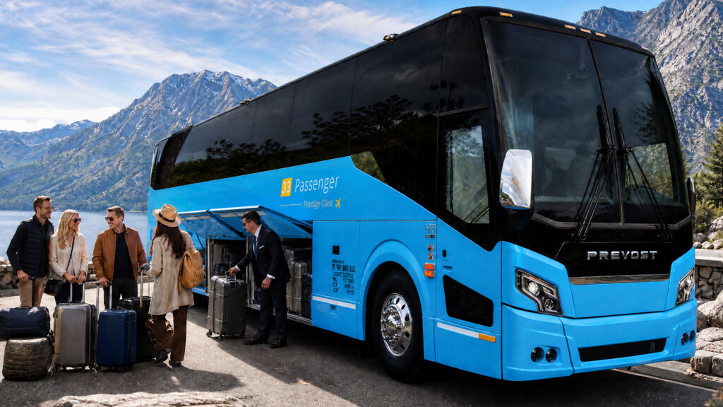 Travel group boarding a UniSky Express coach for a West Coast tour