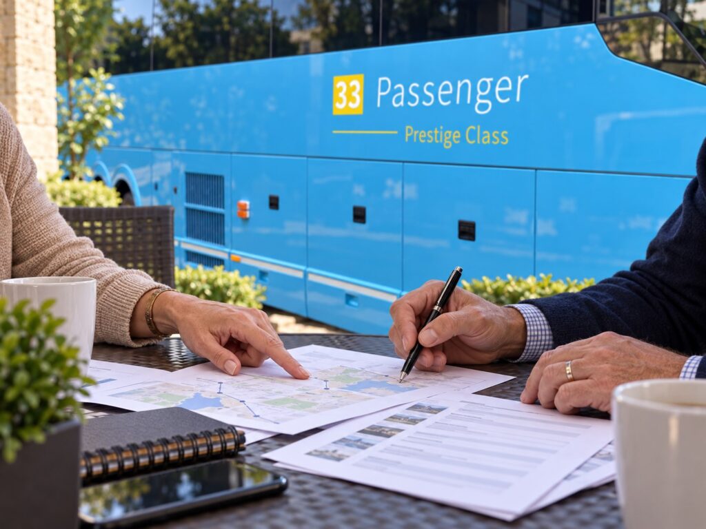 AI-generated illustration: Trip planners reviewing route sheets beside the turquoise coach side