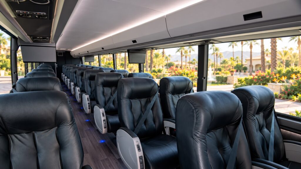 AI-generated illustration: Actual-style 2+1 black leather coach cabin overlooking a resort garden