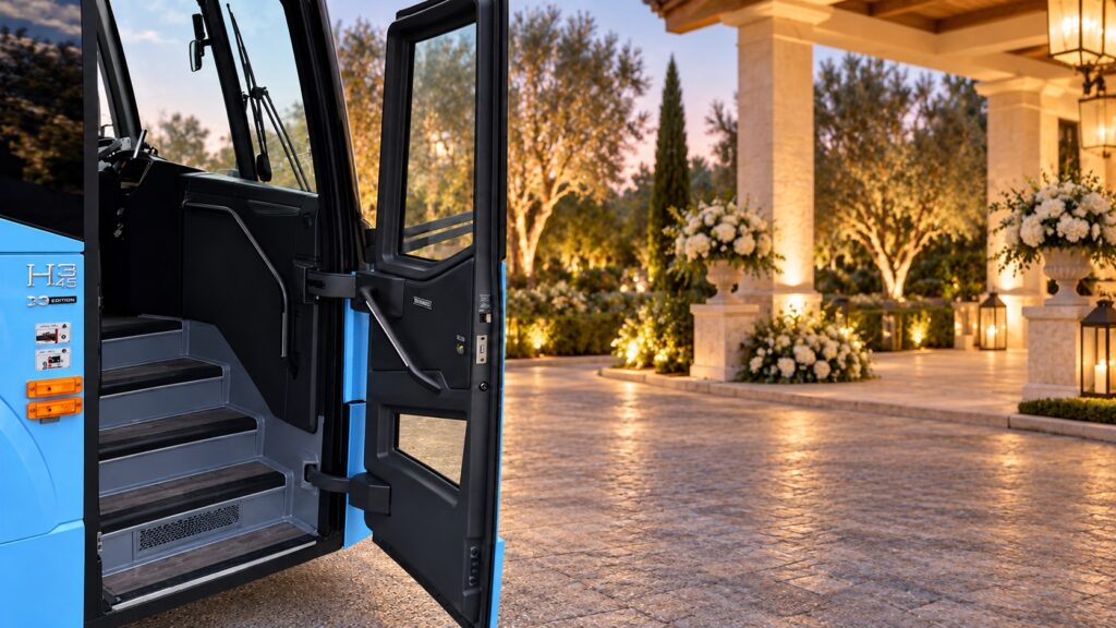AI-generated illustration: Reference-based outward-open coach entrance at a wedding venue