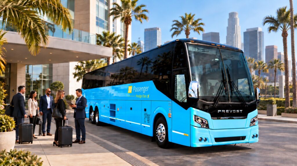 AI-generated scene of business travelers beside a blue Prevost coach with 33 Passenger Prestige Class side lettering outside a Los Angeles hotel